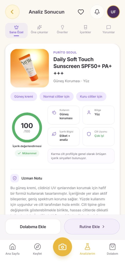 Ürün analiz sonucu ve uyum skoru