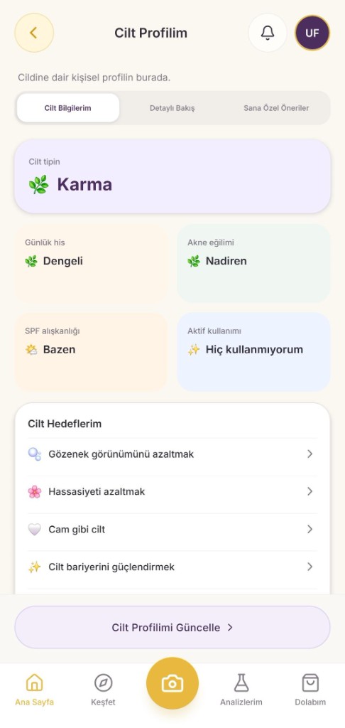 Cilt profilim ekranı