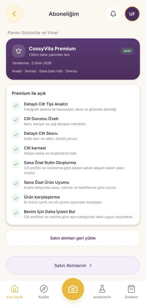 CossyVita Premium abonelik ekranı