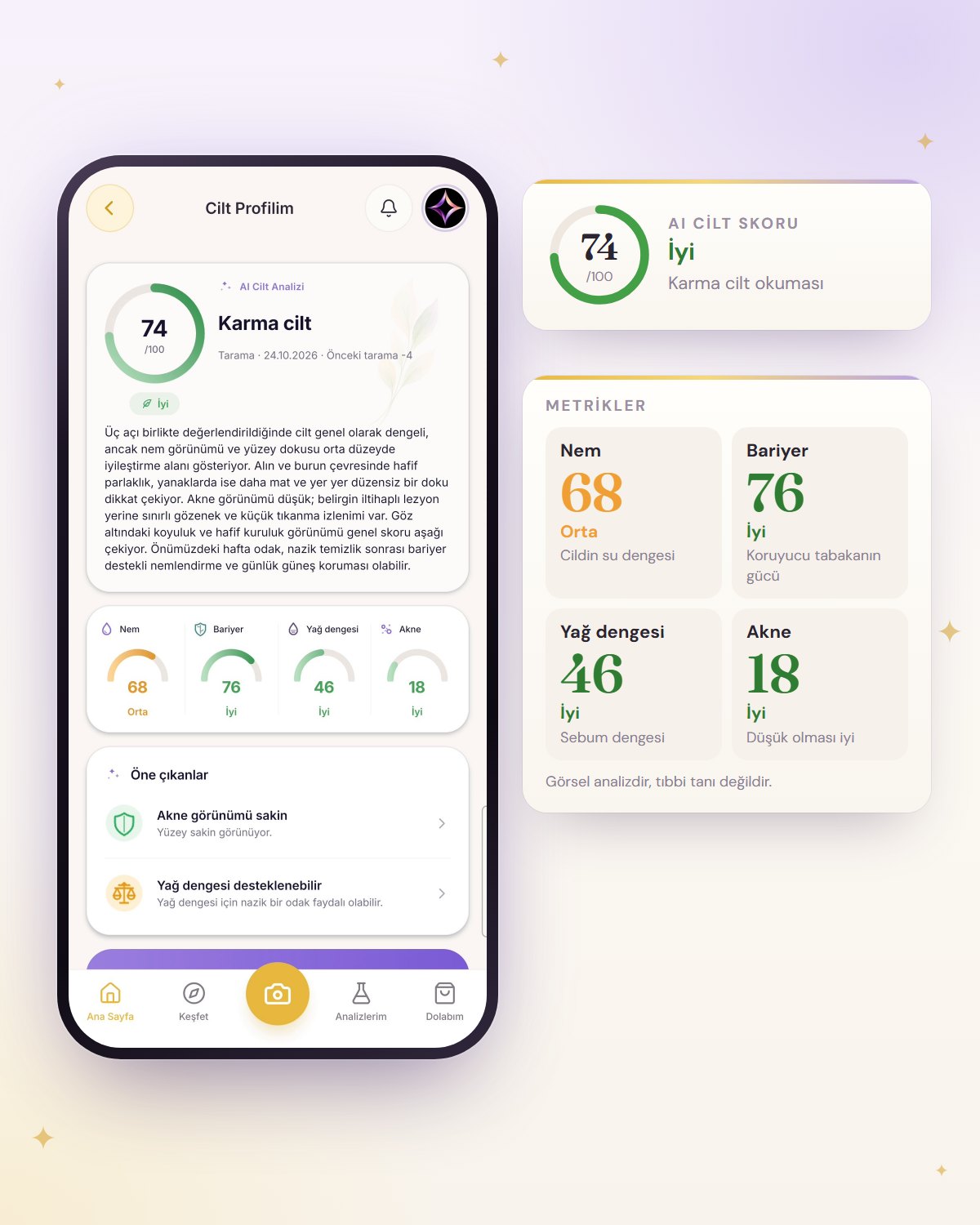 AI skin score 74 and four skin metrics