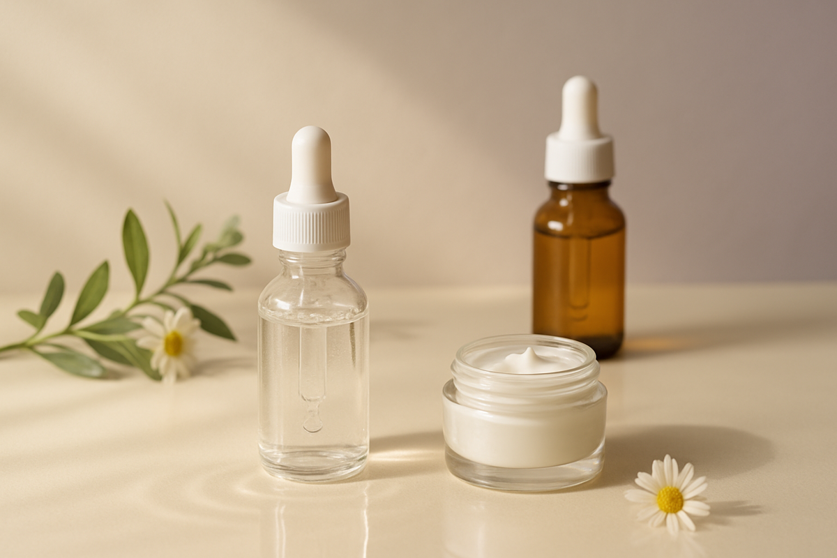 Uriage Hyséac leke karşıtı serum içerik analizi için damlalıklı serum şişesi ve bitkisel detaylar