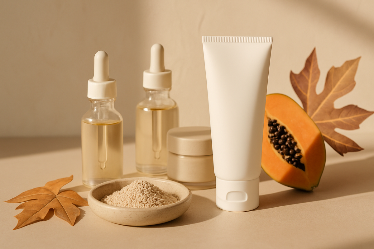 DUADERM Enzyme Powder Peeling içerik analizi için mineral toz ve cilt bakım ürünleriyle hazırlanmış görsel