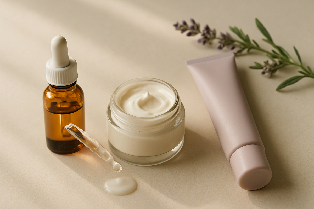 Serum, nemlendirici ve güneş kreminin doğru uygulama sırasını gösteren cilt bakım ürünleri