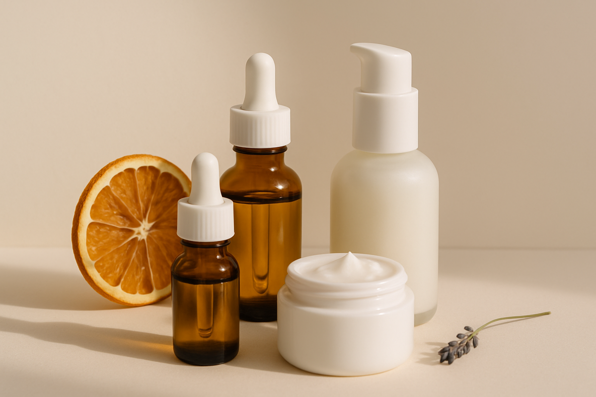 Saf C vitamini ve C vitamini türevlerini çağrıştıran ambalajsız kozmetik şişeleri ve turunçgil dilimleri