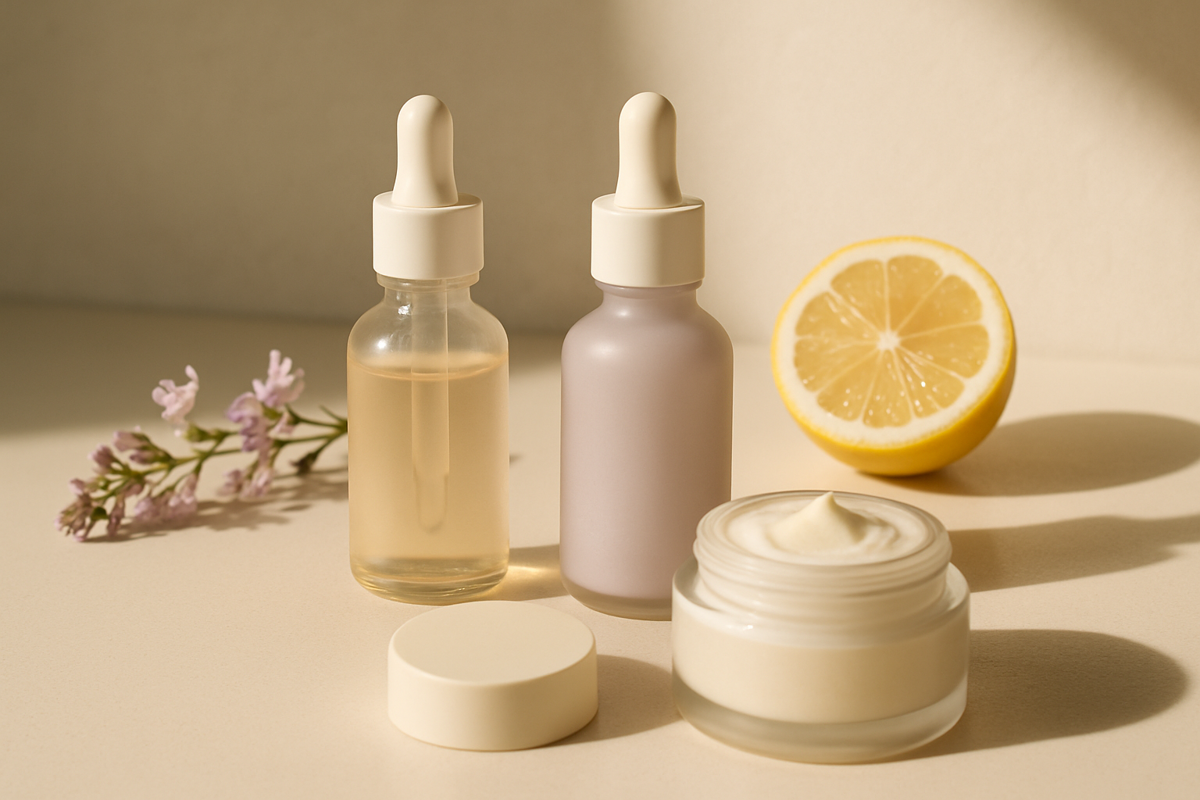 C vitamini ve niasinamid içeren cilt bakım ürünleriyle hazırlanmış sade sabah rutini