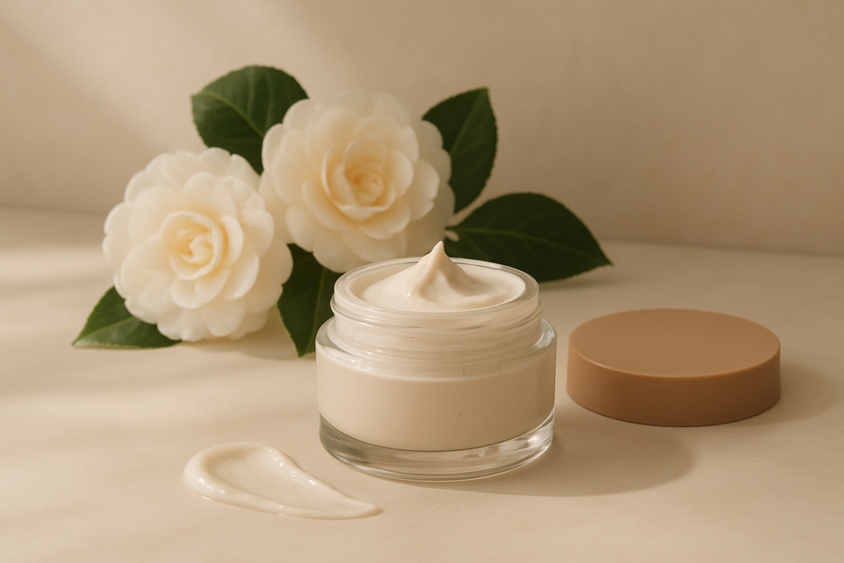 Darphin Camellia Mask içerik analizi için kamelya çiçekleri yanında yüz maskesi kavanozu