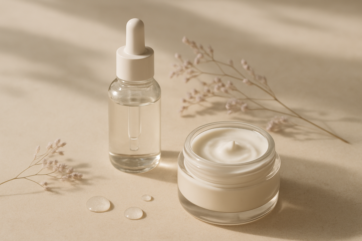 Ectoin içeren cilt bakımını temsil eden sade serum ve krem ürünleri