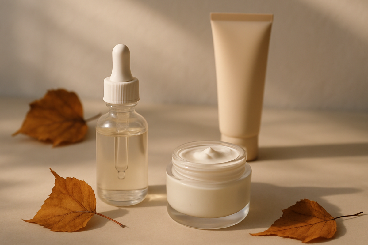 Sonbaharda retinol, nemlendirici ve güneş koruyucu ürünlerle hazırlanmış cilt bakım düzeni