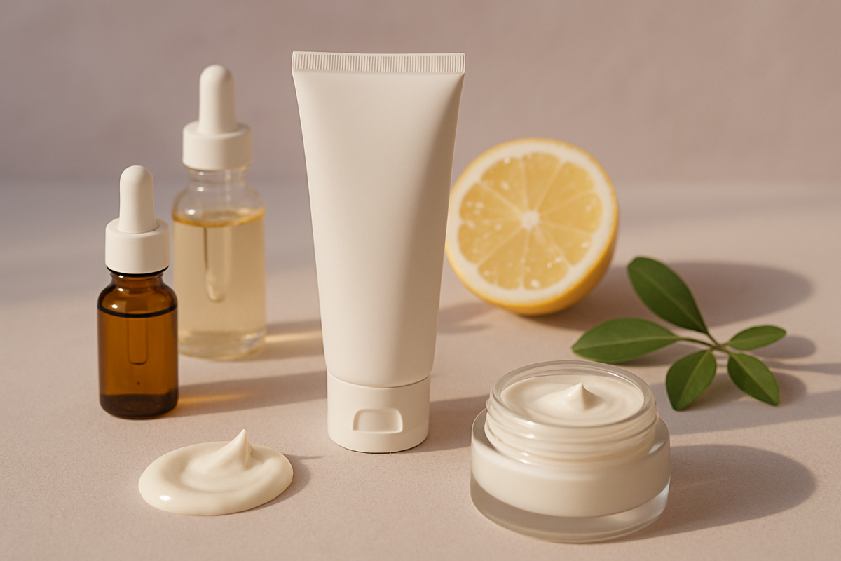 Skincode Brightening Day Cream SPF15 tüpü ve aydınlık cilt bakımı temalı ürün kompozisyonu