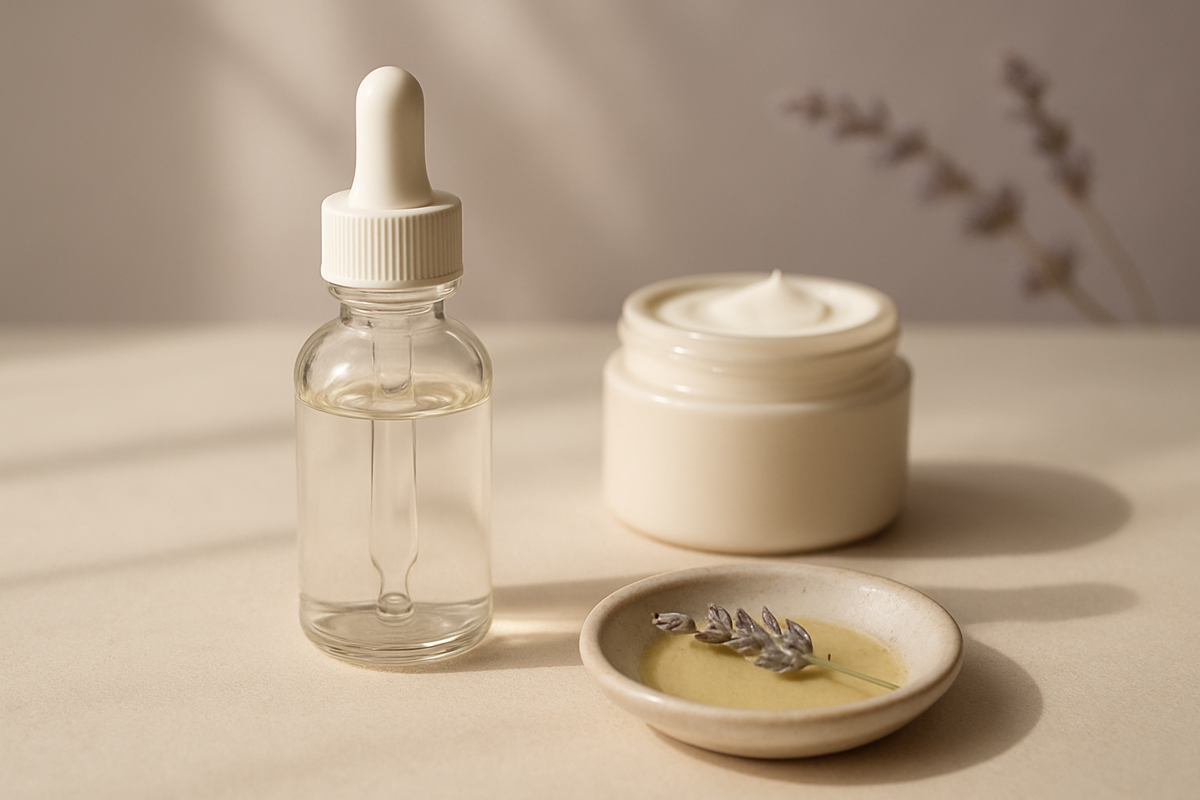 Skualan yağı, serum ve krem formlarını çağrıştıran sade cilt bakım ürünleri