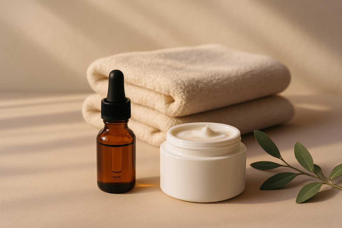 Retinol içeren cilt bakım ürünü, nemlendirici ve yumuşak havlularla hazırlanmış sade bakım düzeni