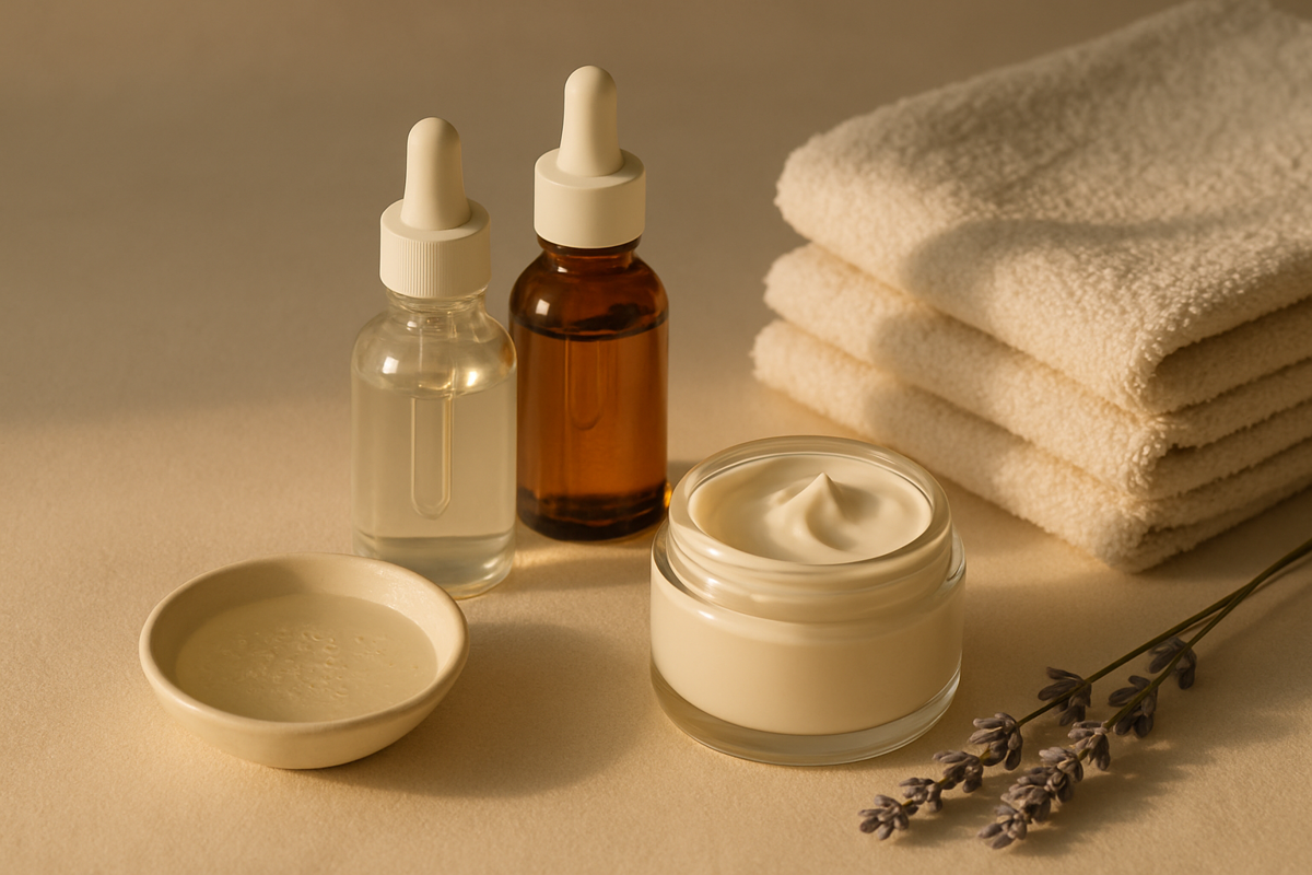 Retinol ve AHA kullanımını anlatan sade cilt bakım ürünleri ve akşam rutini kompozisyonu