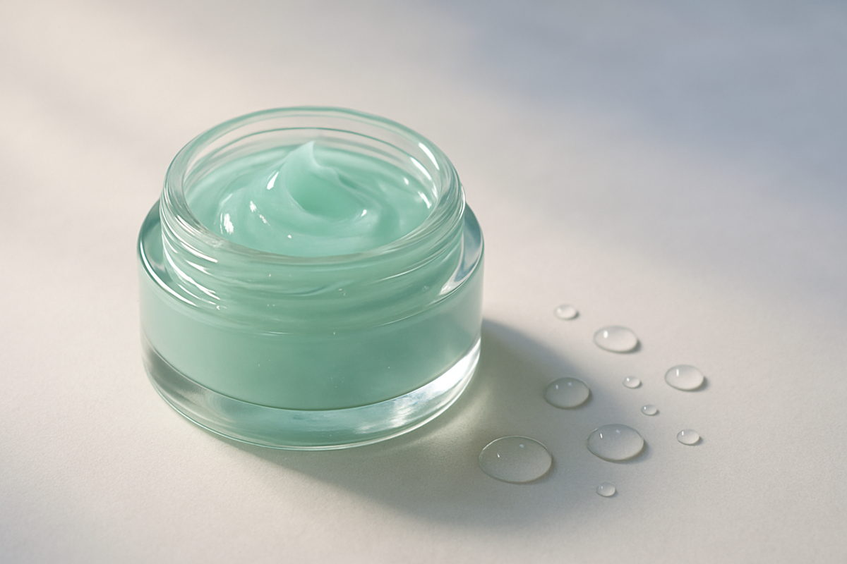Aqua jel dokulu nemlendirici krem kavanozu ve su damlaları