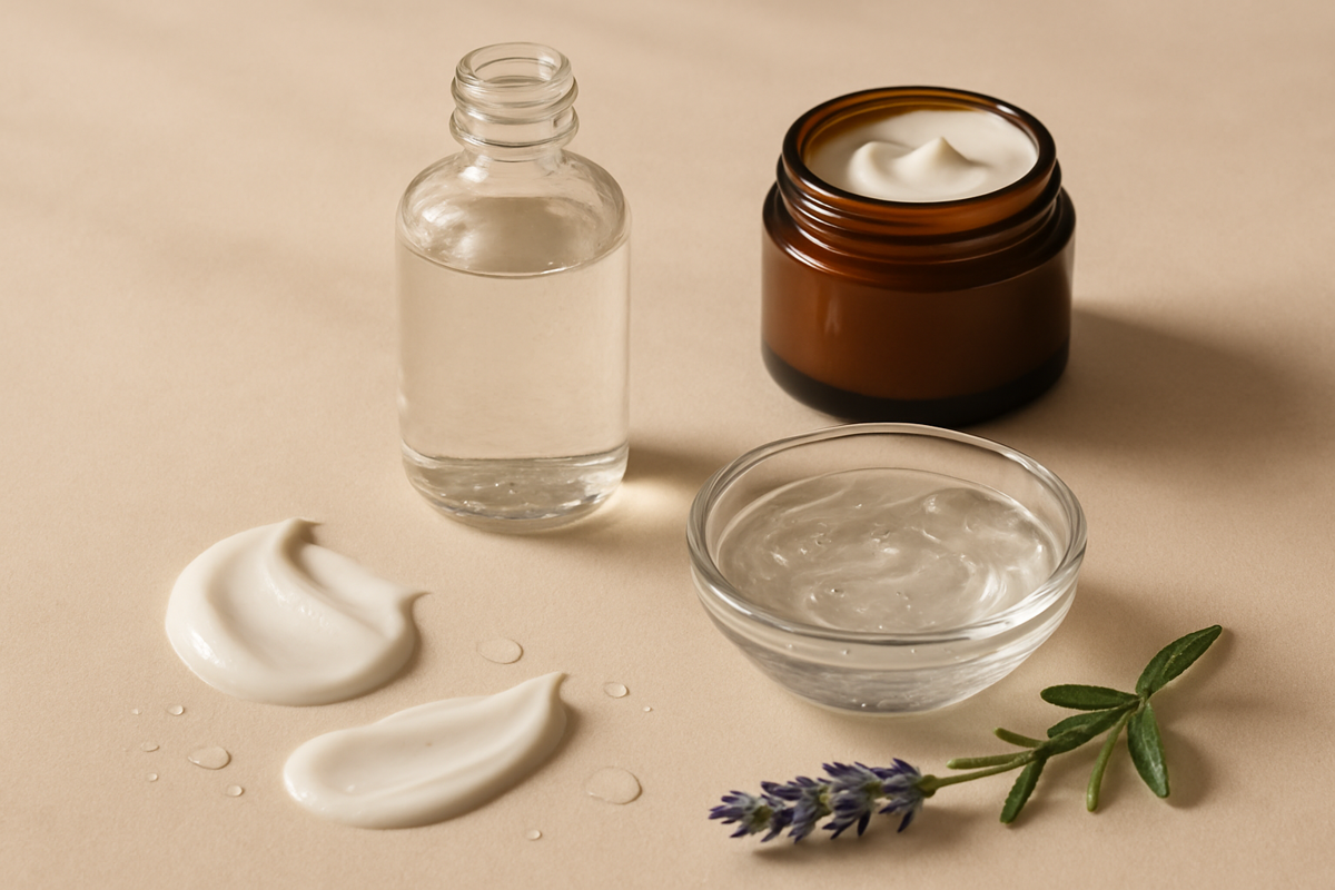 Gliserin içeren nemlendirici ürünleri temsil eden şeffaf kozmetik şişesi ve jel dokusu
