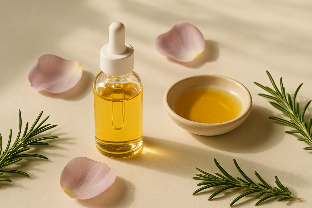 Darphin Rose Aromatic Care yüz bakım yağı, gül yaprakları ve biberiye dallarıyla birlikte