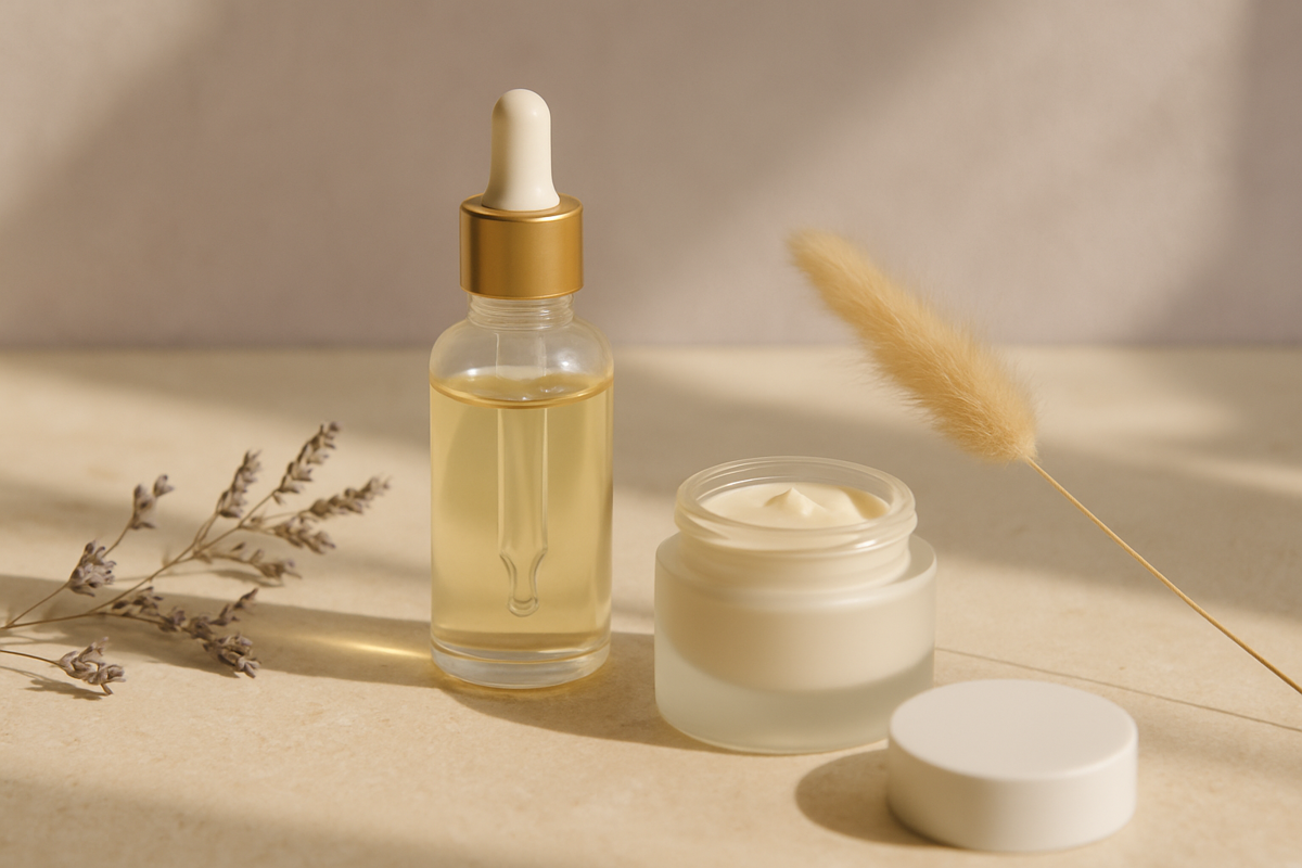 Alfa arbutin içeren cilt bakım ürünlerini temsil eden serum ve krem görseli