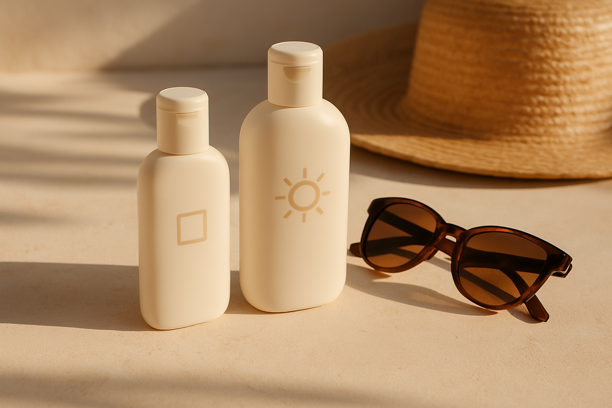 SPF 30 ve SPF 50 güneş koruyucuları, şapka ve güneş gözlüğüyle hazırlanmış yaz temalı ürün kompozisyonu