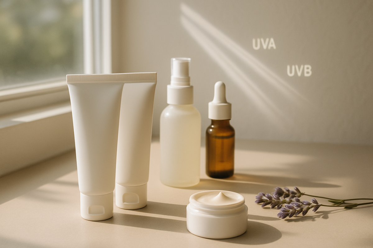UVA ve UVB korumasını anlatan güneş koruyucu ürünleri ve güneş ışığı temalı görsel